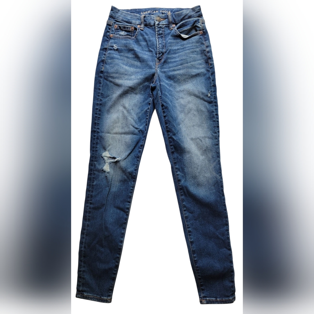 American Eagle Blue Hi-rise Jeggings with Vintage Wash Size 6 Long Distressed